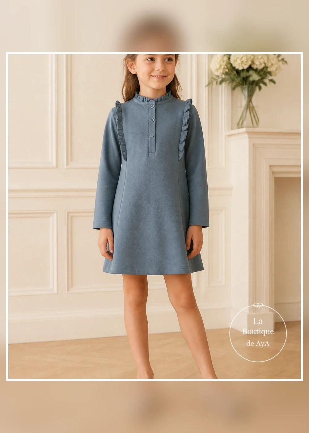 Vestido azul empolvado con volantes para niña Miranda 1412, portada con modelo