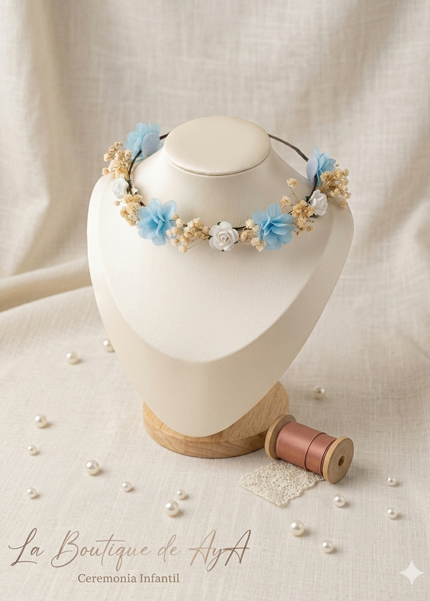 Corona de flores azul cielo para niña La Boutique de AyA 0106
