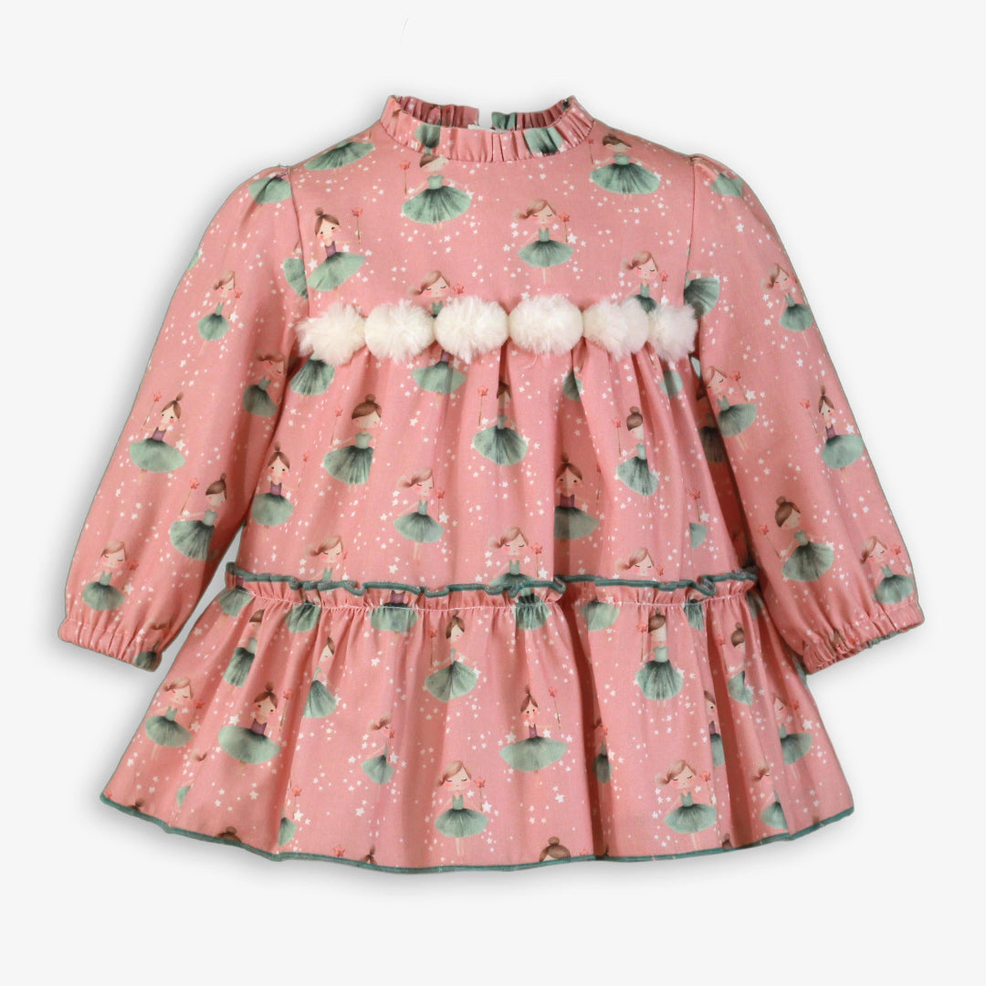 Vestido bebe niña pompones rosa palo miranda 0518