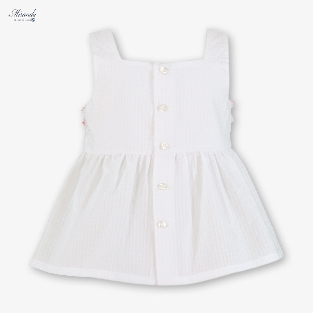 Conjunto niña blanco y rosa con lazo y falda cuadros Miranda 0602