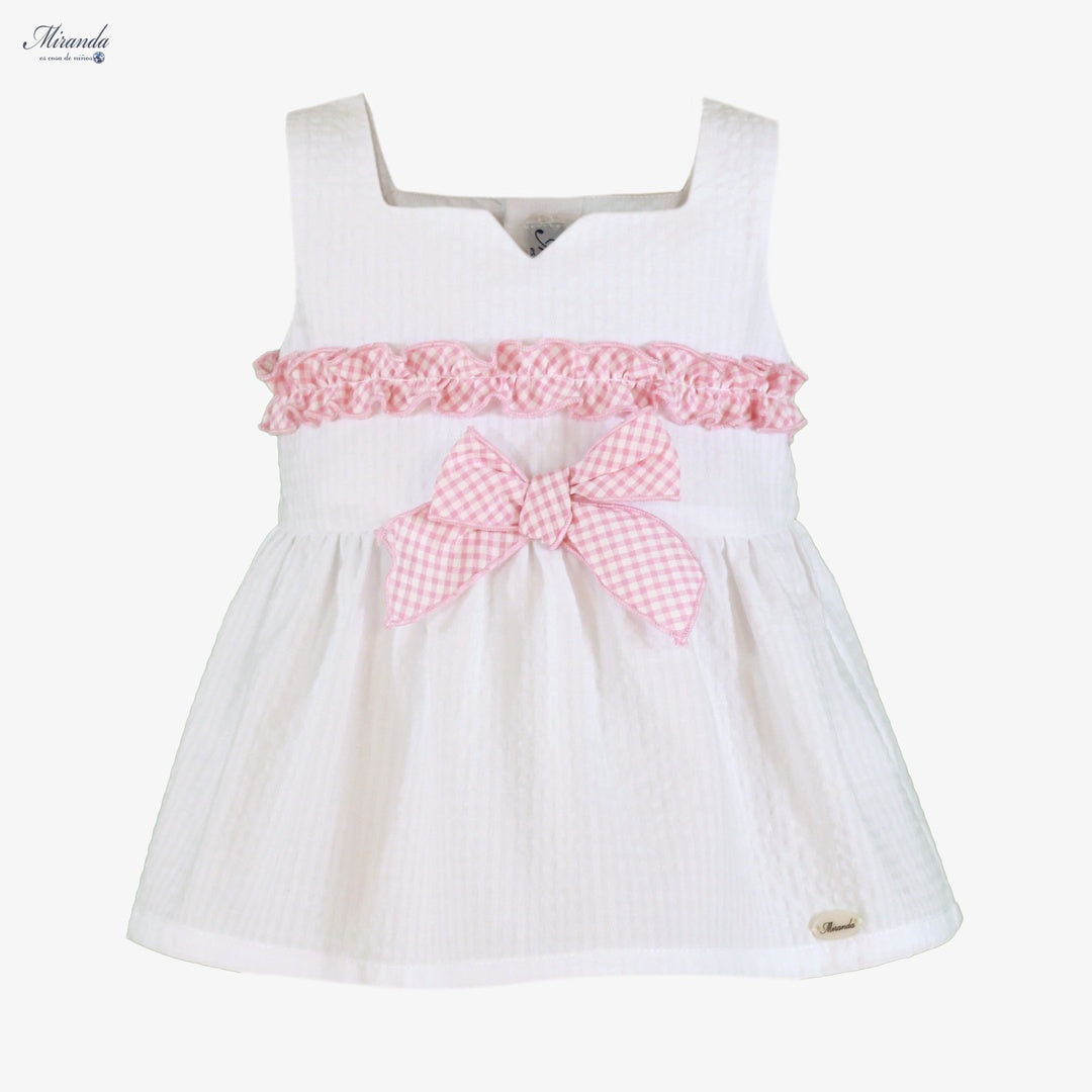 Conjunto niña blanco y rosa con lazo y falda cuadros Miranda 0602