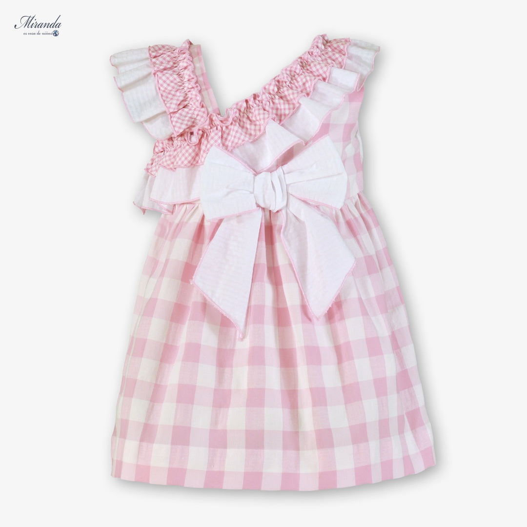 Vestido niña rosa cuadros con volantes y lazo Miranda 0602