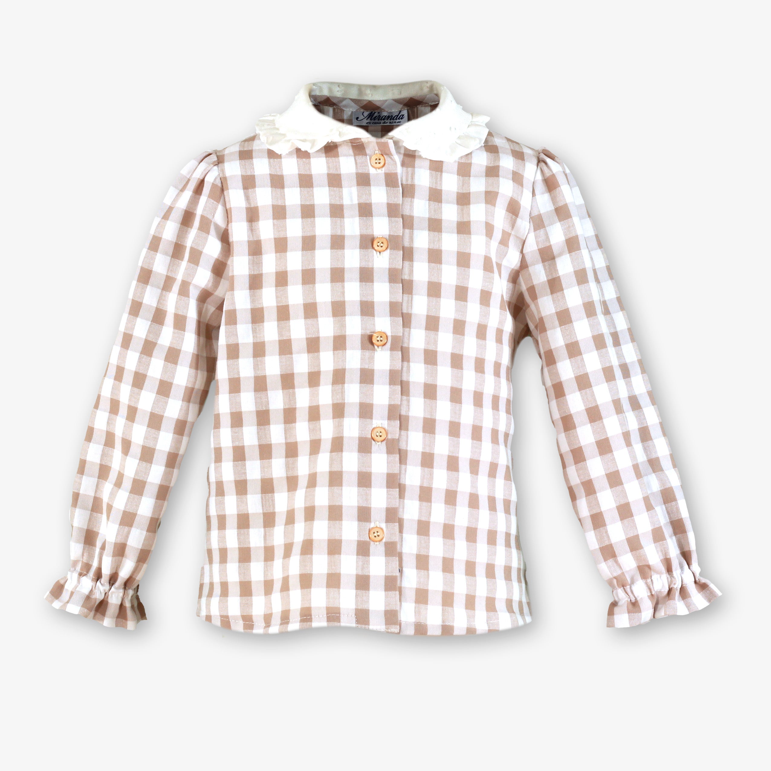 Blusa de cuadros vichy marrón y blanco con cuello de puntilla para niña marca Miranda