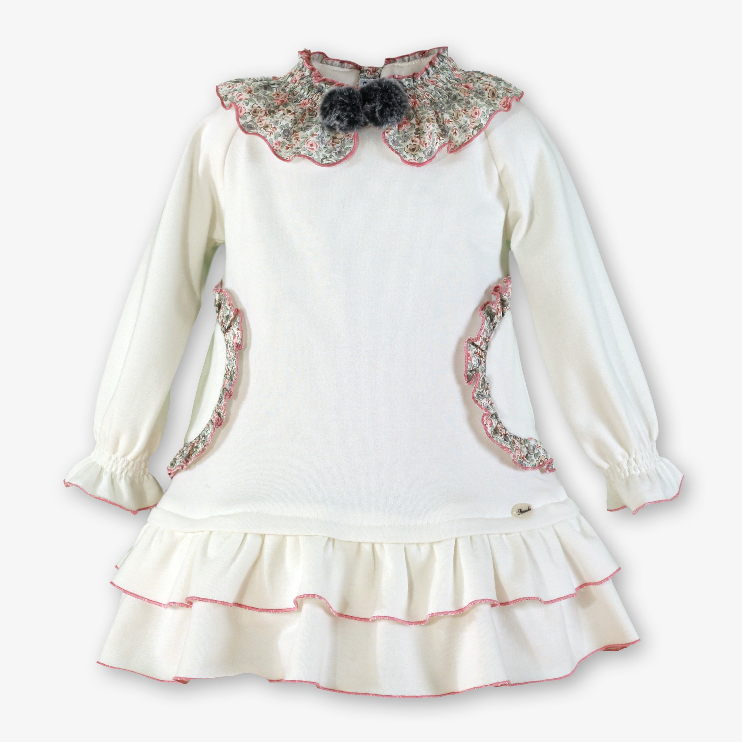 Vestido de invierno para niña en color blanco crudo con cuello floral y volantes - Miranda 40/0612/V