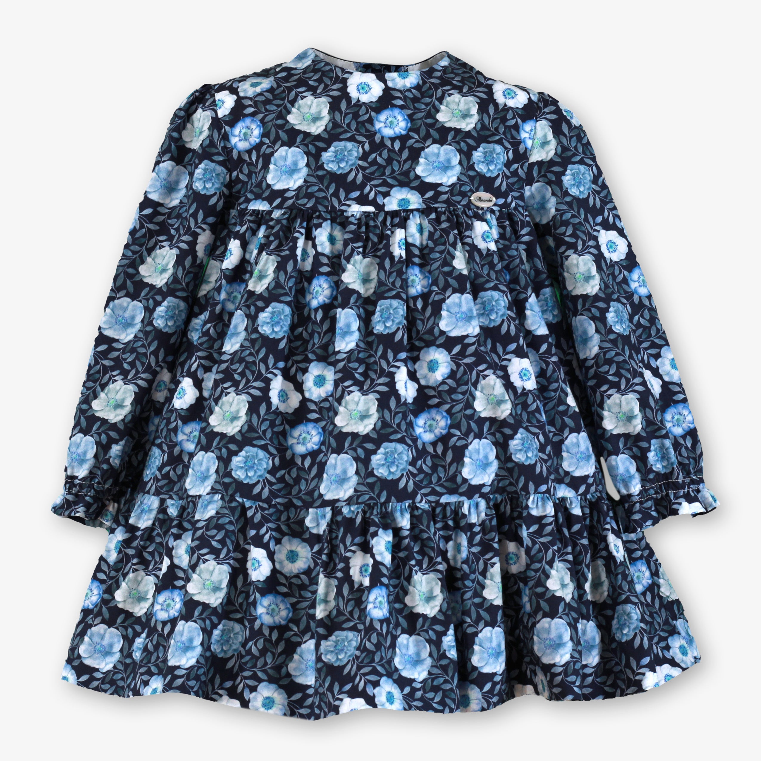 Vestido de invierno para niña estampado floral en azul marino y celeste con talle alto y volantes - Miranda 40/0617/V