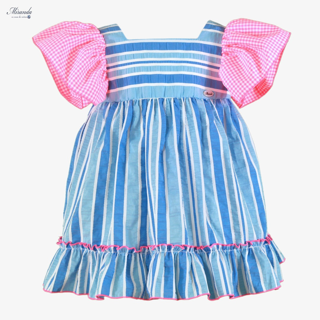 Espalda vestido niña Miranda rayas azul y blanco con mangas vichy rosa