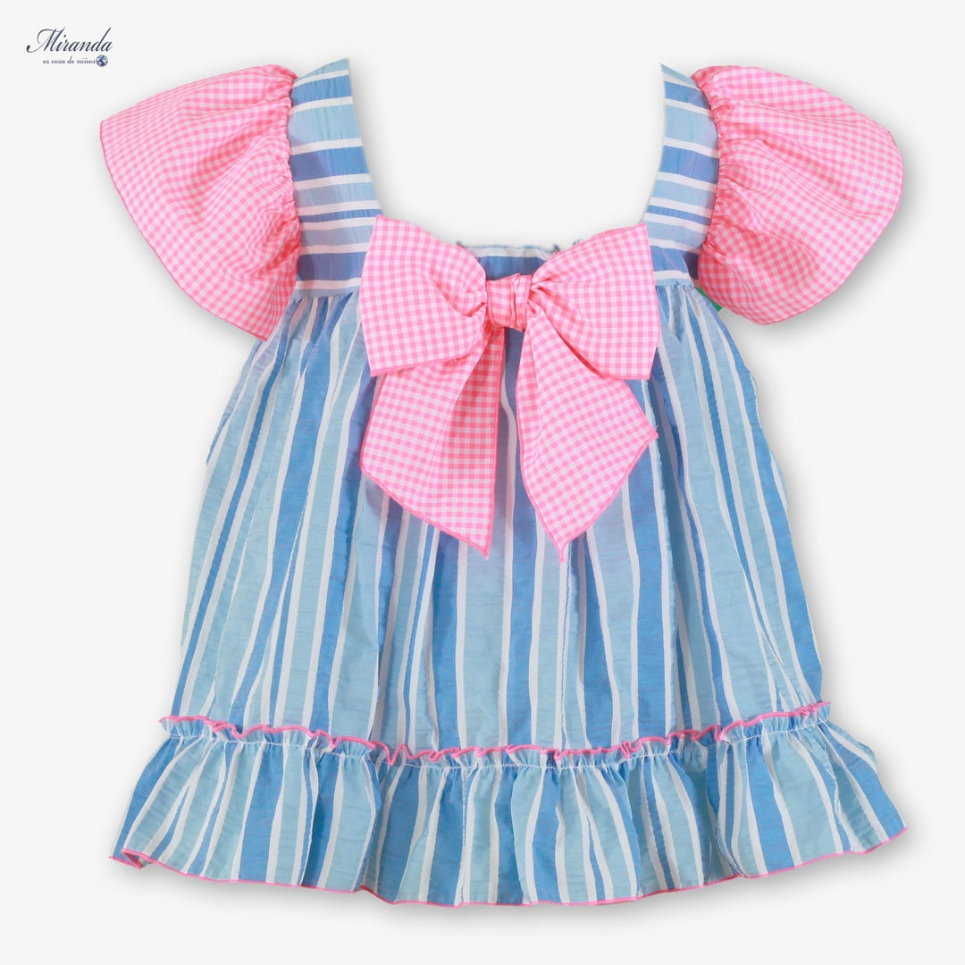 Vestido niña rayas azul y rosa Miranda – con lazo vichy y volantes 0617