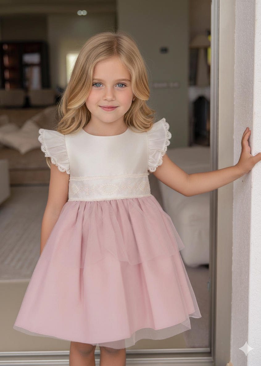 Vestido de Ceremonia Infantil Blanco y Rosa con Volantes – Miranda 0224