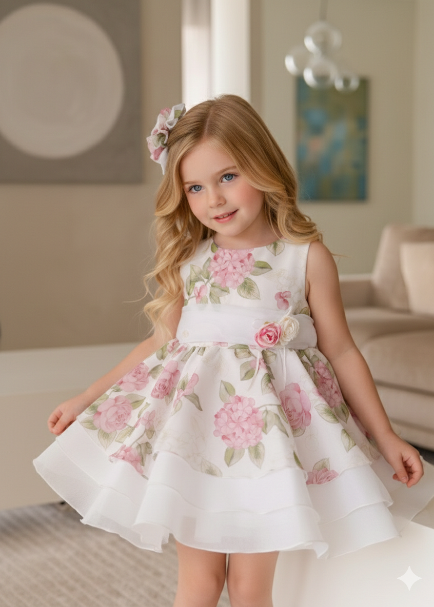 Vestido de Ceremonia Infantil Blanco con Estampado Floral y Lazo 0229