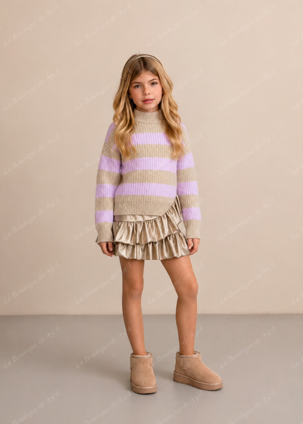 Conjunto de jersey lila y falda dorada para niña Miranda 0311