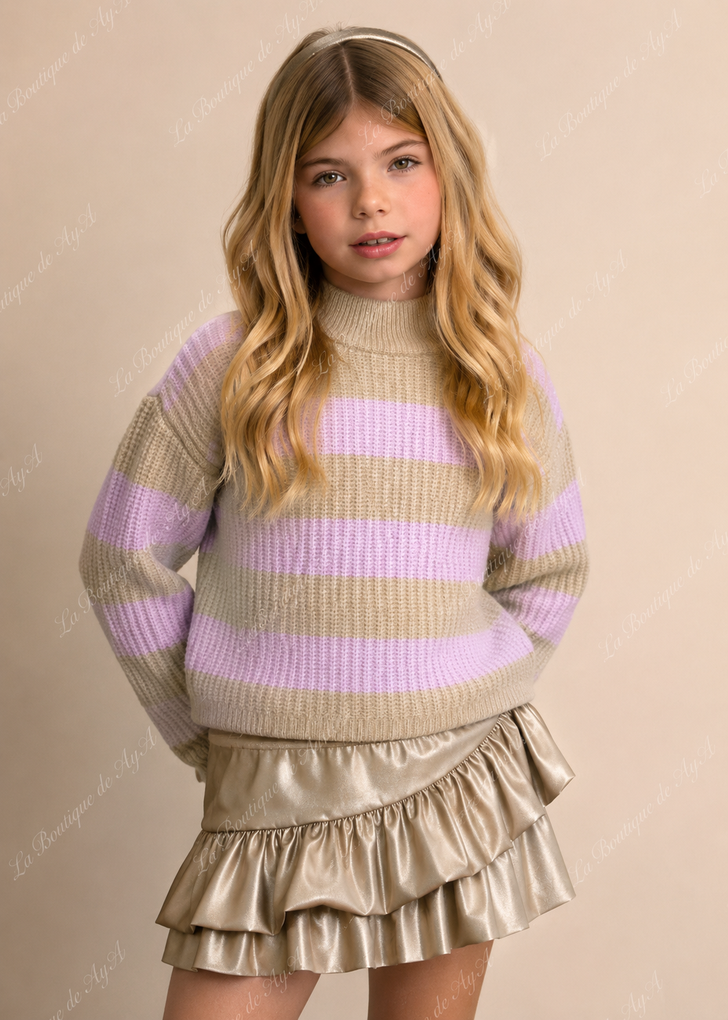 Conjunto de jersey lila y falda dorada para niña Miranda 0311
