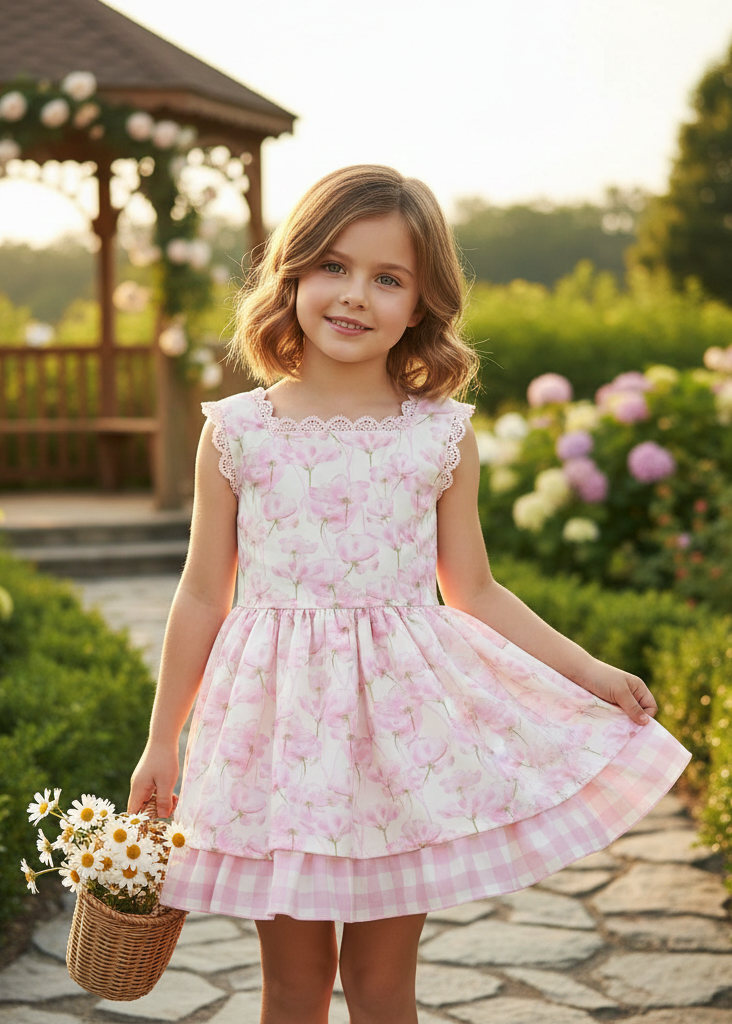 Vestido Infantil "Sweet Garden" – Estampado Floral con Detalle de Cuadros Vichy 0233