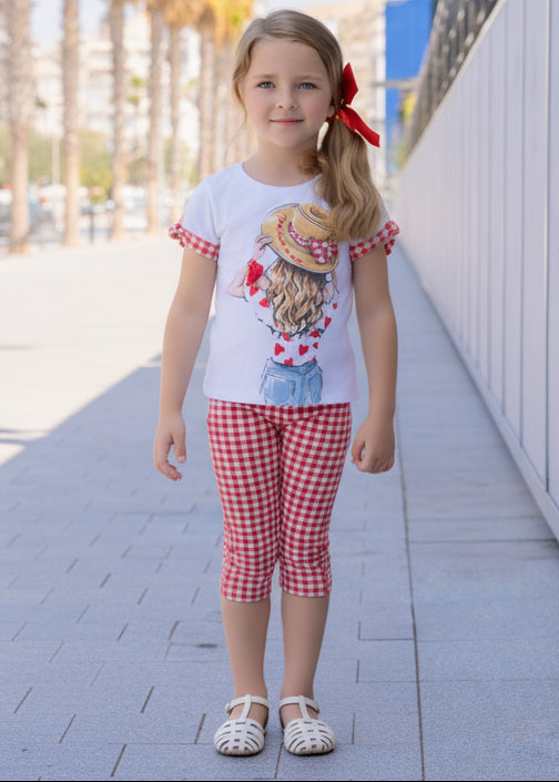 Conjunto niña Miranda – camiseta estampada y leggings vichy rojo 0624