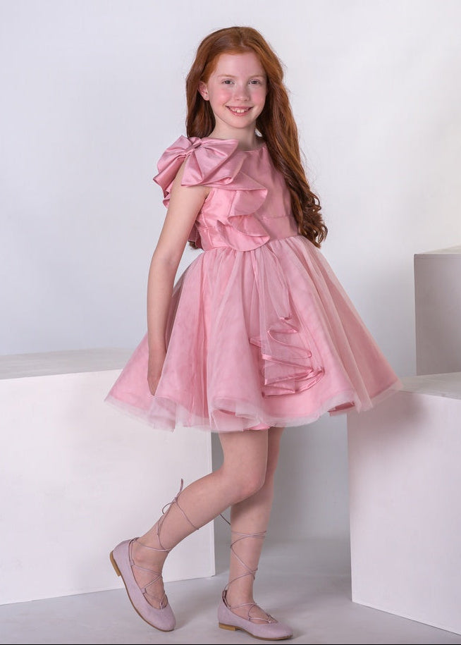 Alta Costura - Vestido de Ceremonia Niña Giada Rosa con Lazo al Hombro y Tul - Meninas