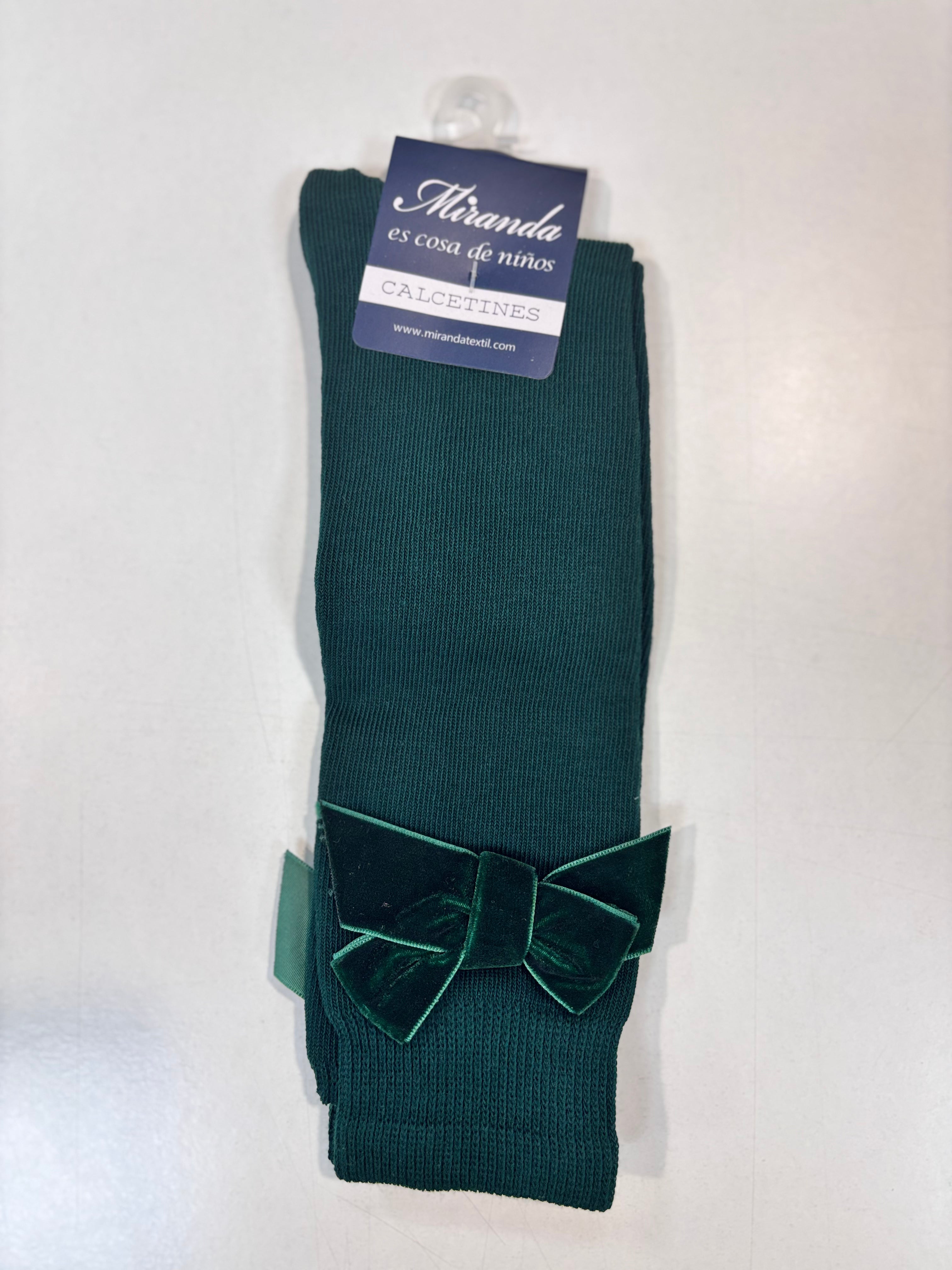 Calcetin lazo terciopelo niña verde botella Miranda 1502 - La boutique de AyA Miranda