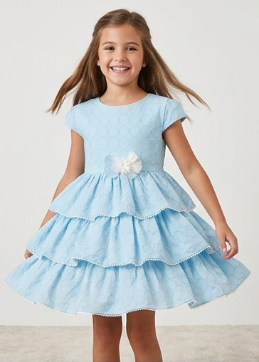 Vestido niña azul Miranda – volante triple y detalle floral 0237