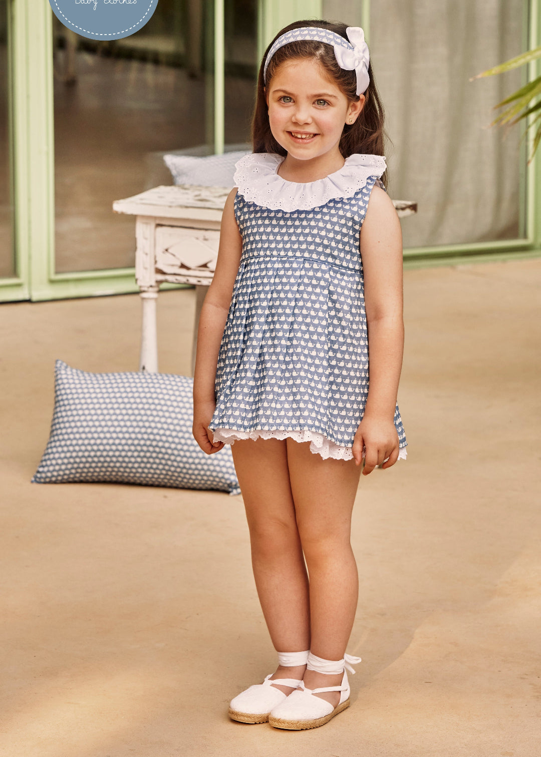 Vestido Niña Juliana Corte Cintura Estampado Ballenas y Cuello Volante 26205| La Boutique de AyA