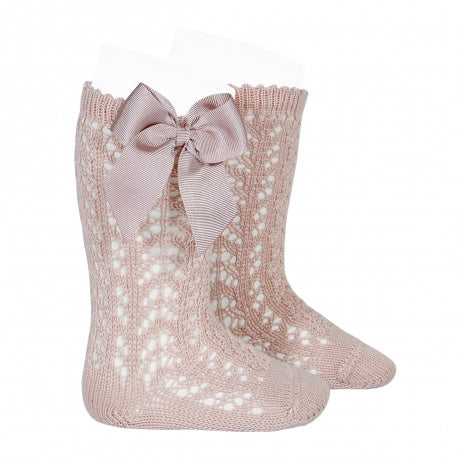 Calcetines altos perlé calados con lazo grogrén ROSA EMPOLVADO Condor 544 - La boutique de AyA Cóndor