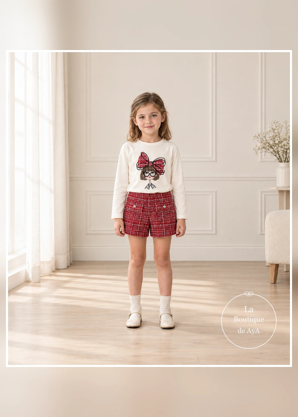 Conjunto de camiseta ilustrada y bermuda tweed roja para niña Mayoral, vista frontal