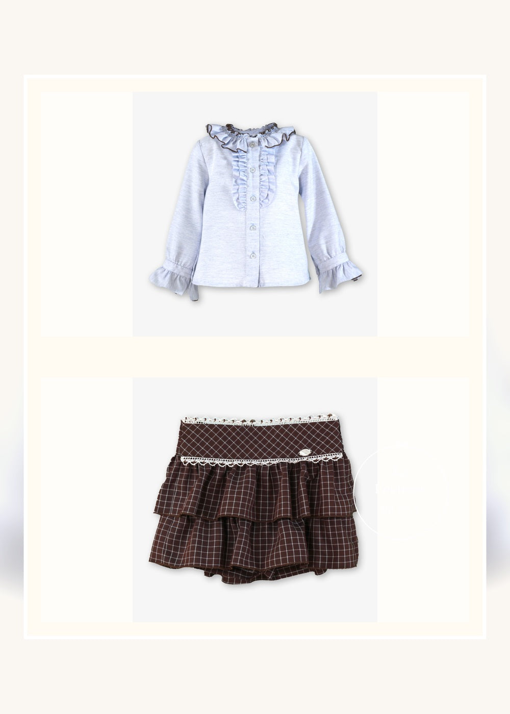 Conjunto de niña Miranda 0247, vista frontal de blusa y falda pantalón