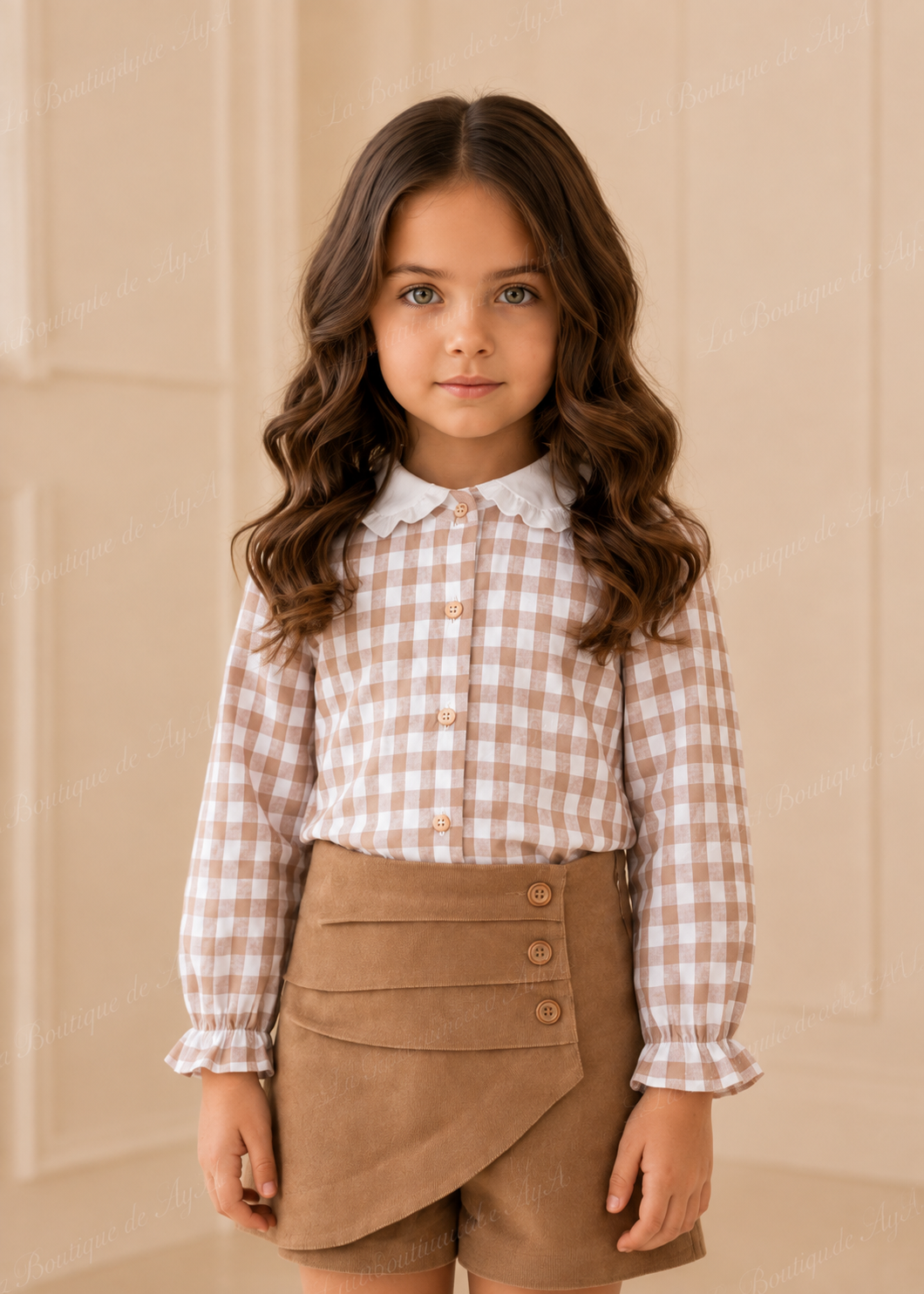 Detalle de la blusa de cuadros y short falda camel del conjunto Miranda para niña