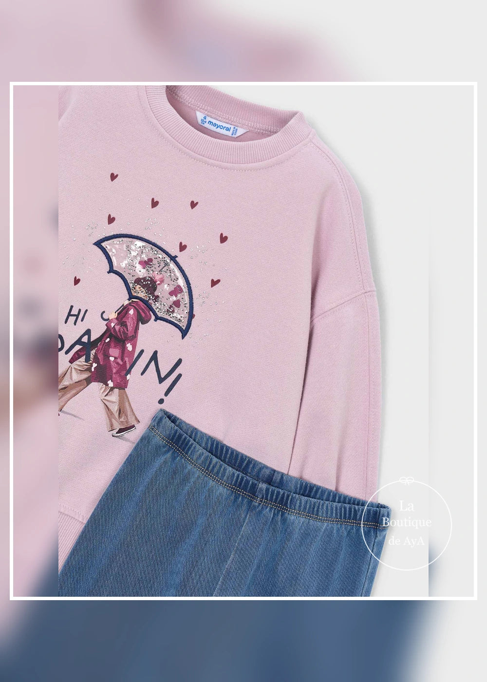 Conjunto sudadera y leggings flare malva niña Mayoral 04732-034. Detalle del tejido y acabados.