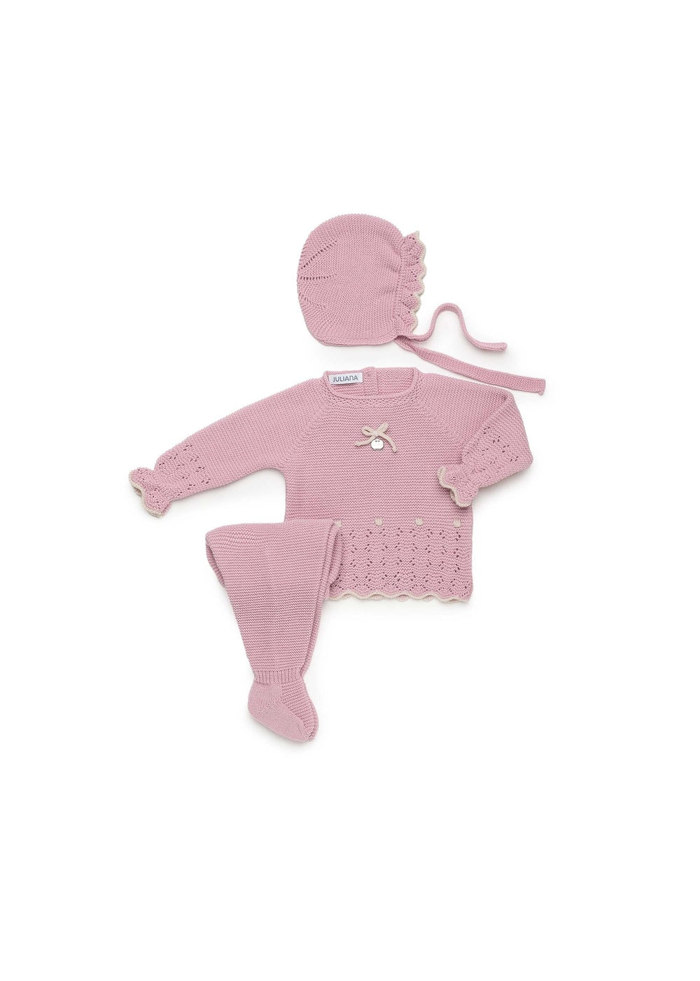 Conjunto recién nacido Juliana tres piezas calados y bodoques 26549, colección otoño invierno 2026/2027