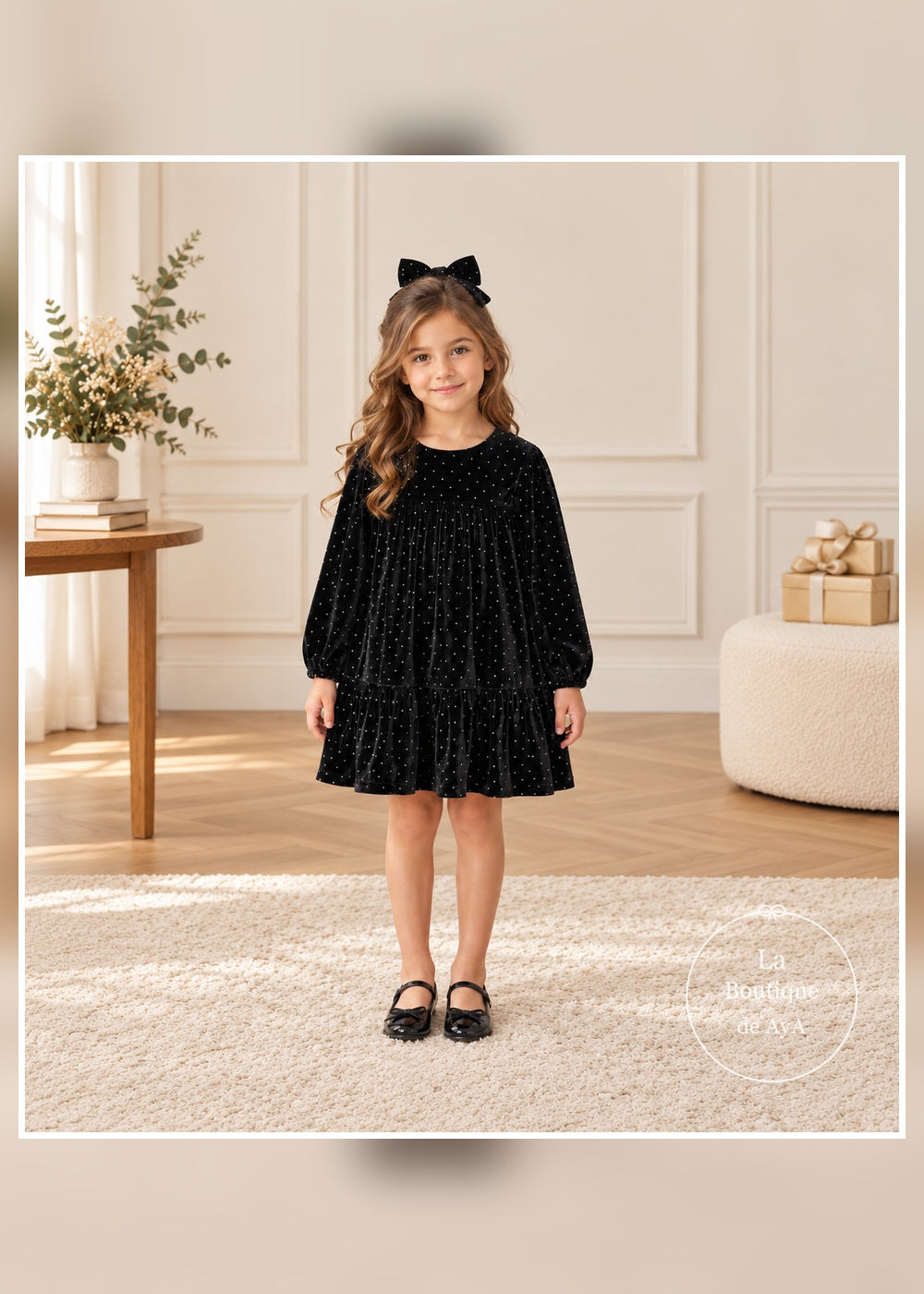 Vestido terciopelo negro con coletero niña Mayoral 04930 - Portada frontal con modelo