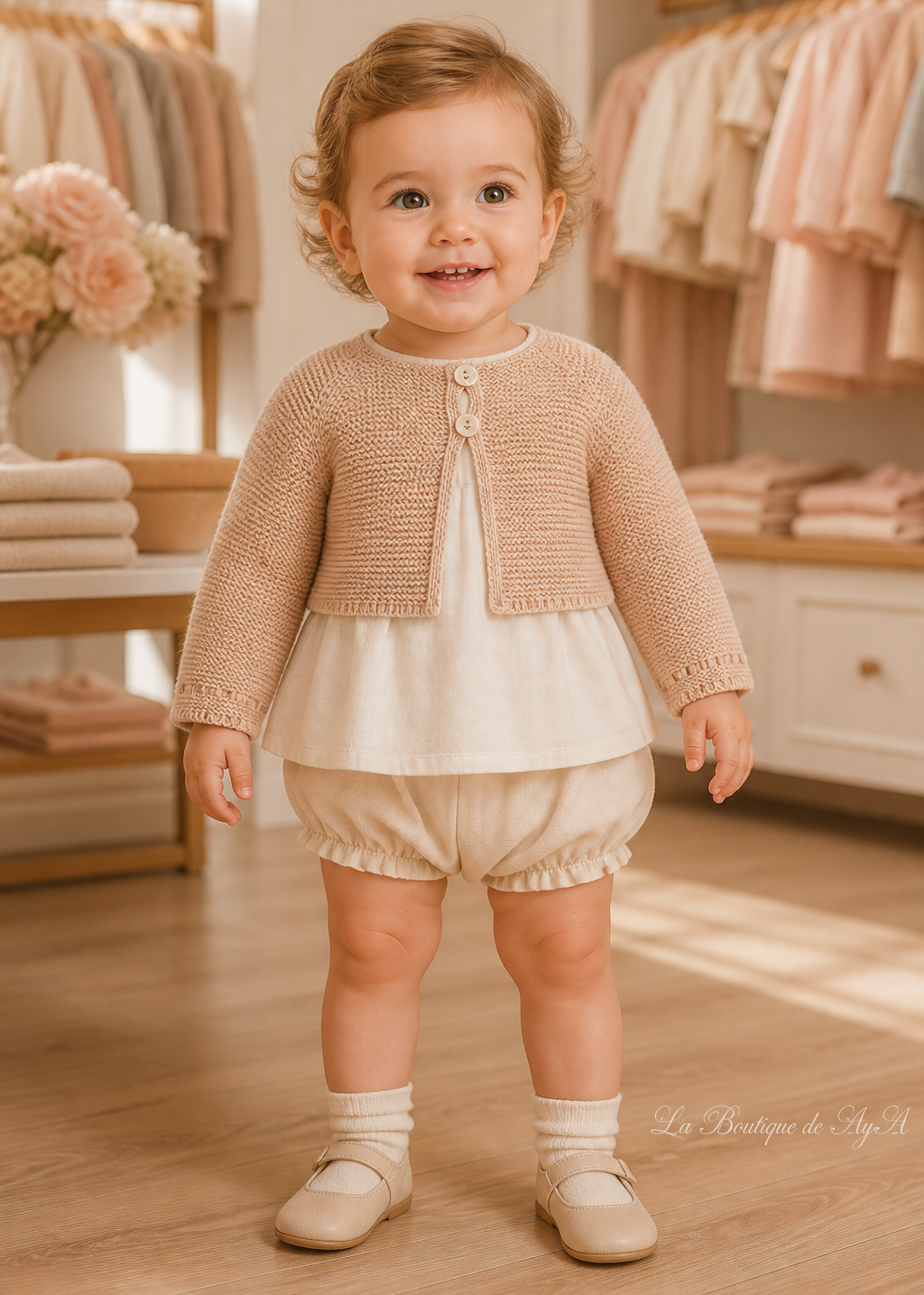 Bebé con rebeca Miranda beige y camel 40/0020/R - modelo con marca de agua La Boutique de AyA