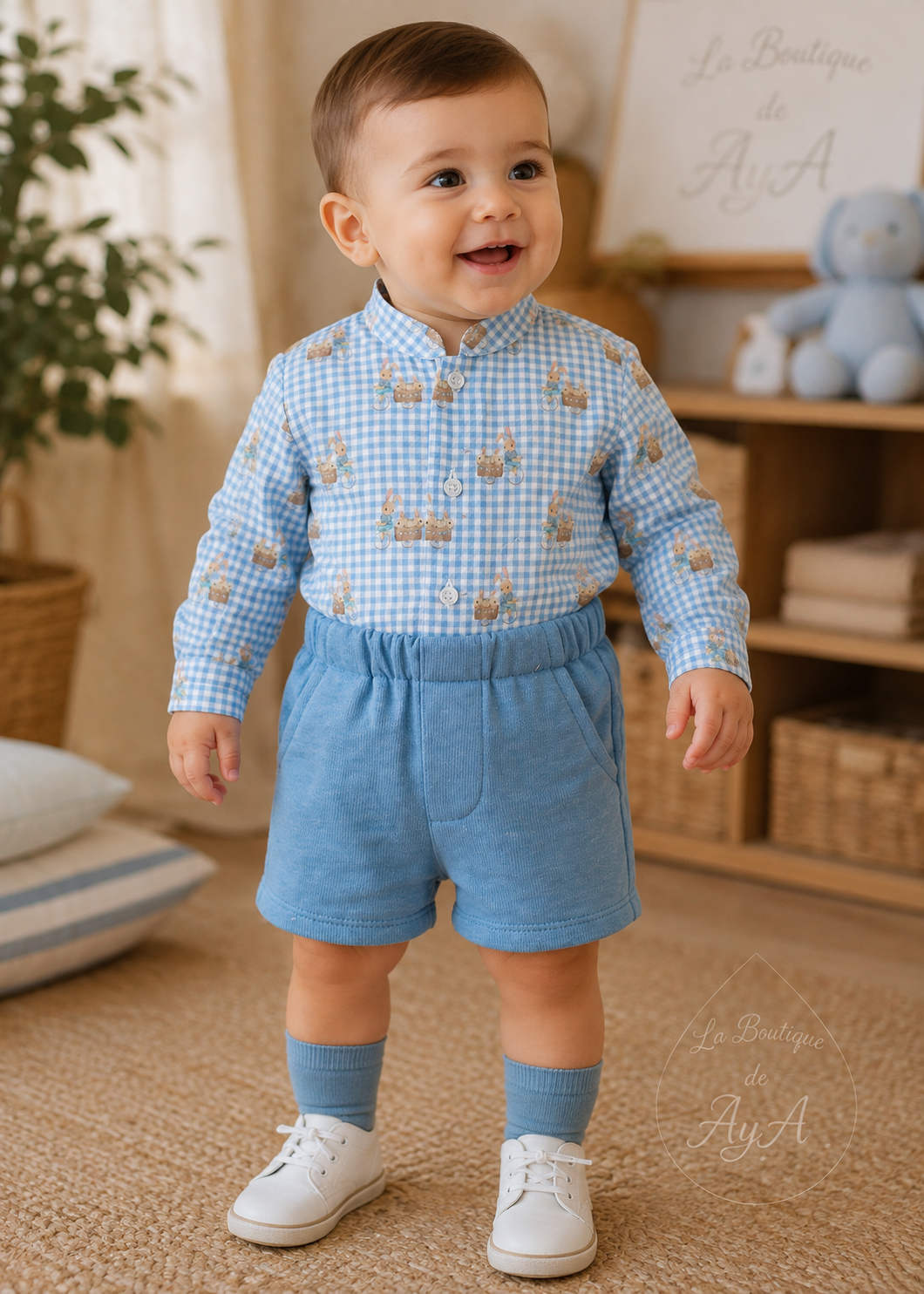 Bebé con conjunto Miranda azul 40/0048/23 - modelo con marca de agua La Boutique de AyA