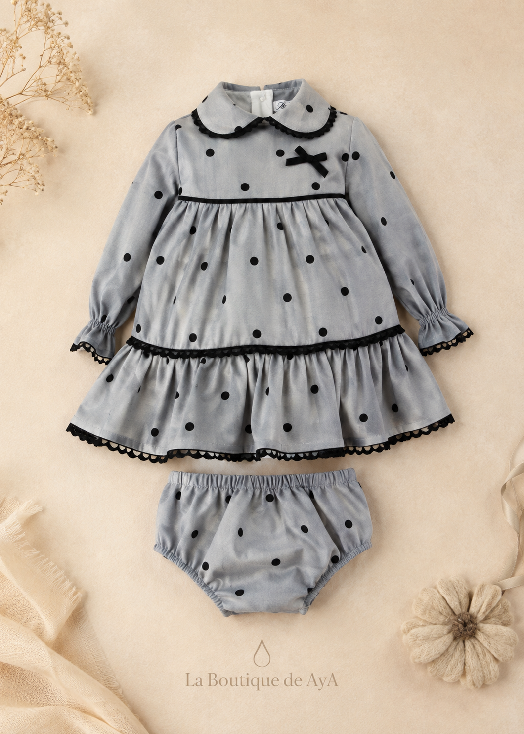 Vestido con braguita bebé niña Miranda gris 40/0124/VB - producto con marca de agua La Boutique de AyA