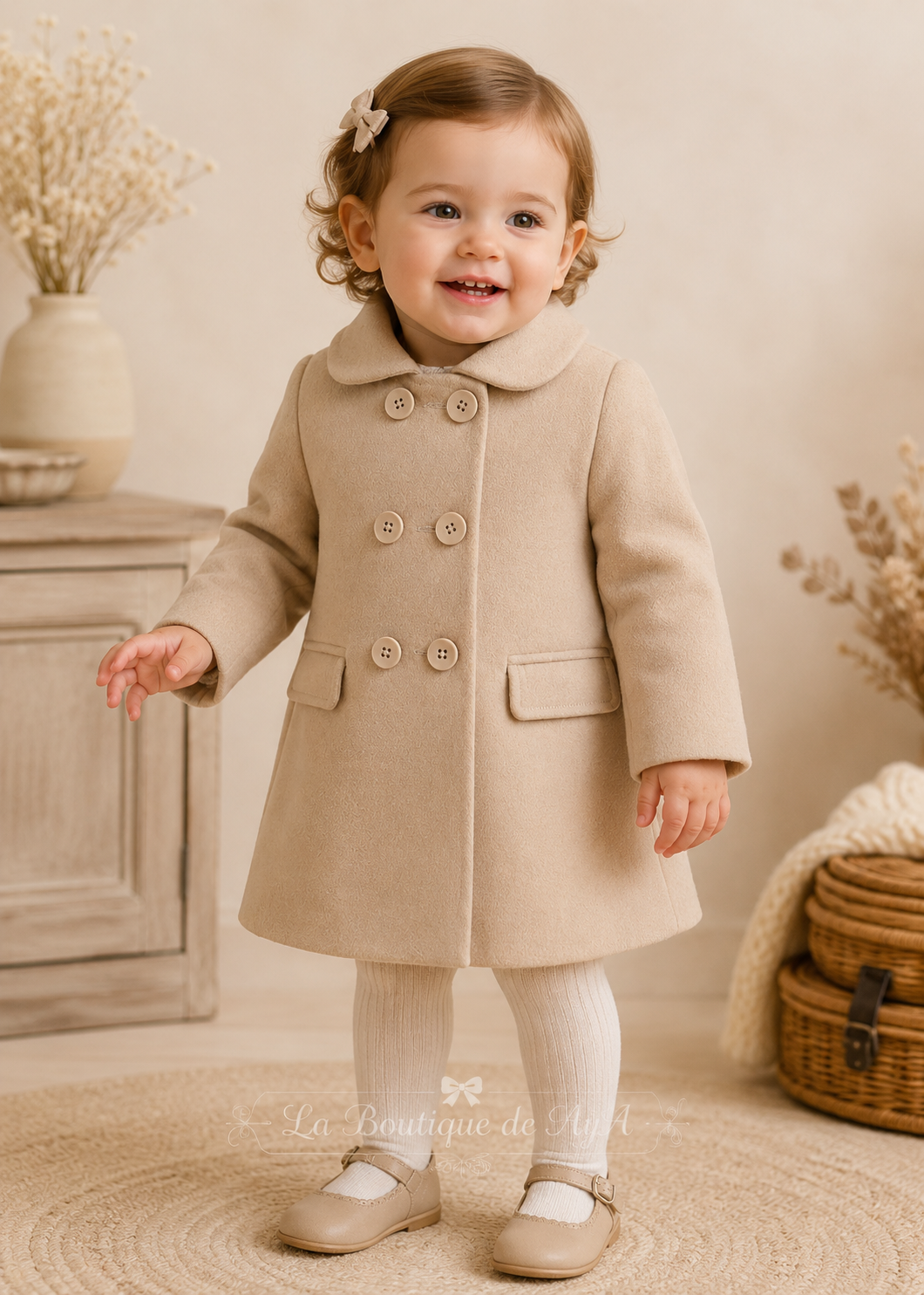 Bebé con abrigo Miranda beige oscuro 40/0162/A - modelo con marca de agua La Boutique de AyA