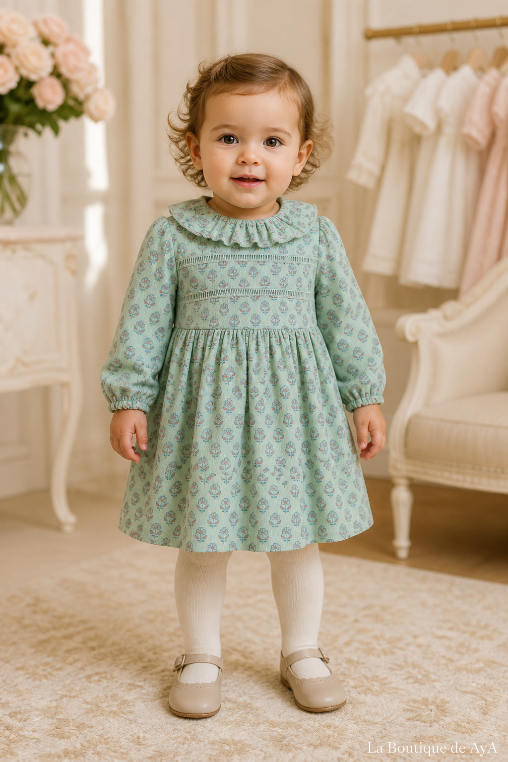 Vestido bebé niña Miranda verde agua 40/0520/V con modelo