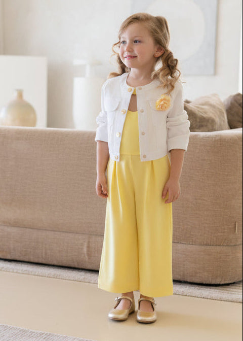 Mono para niña amarillo con lazo trasero y pierna ancha