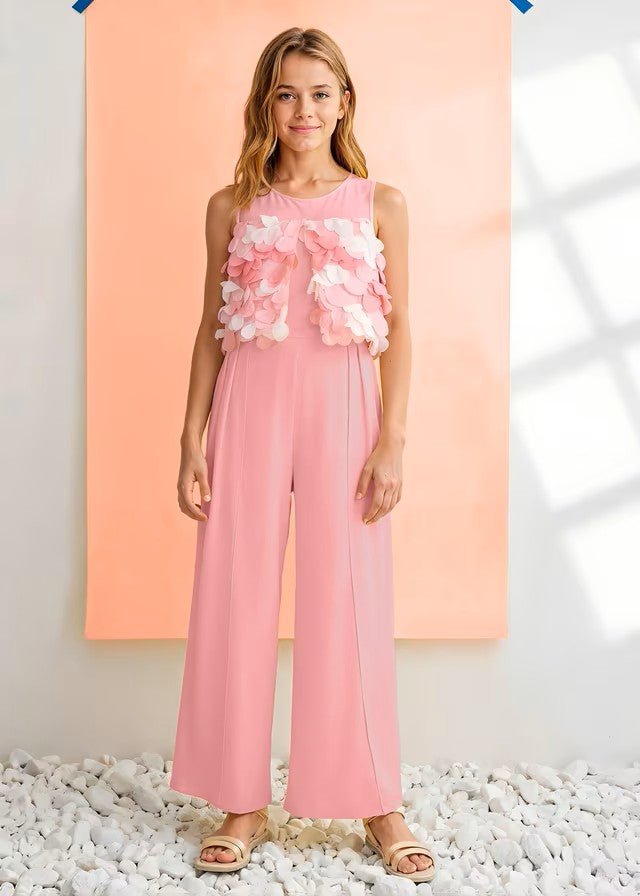 Mono de niña rosa con flores aplicadas de Abel y Lula