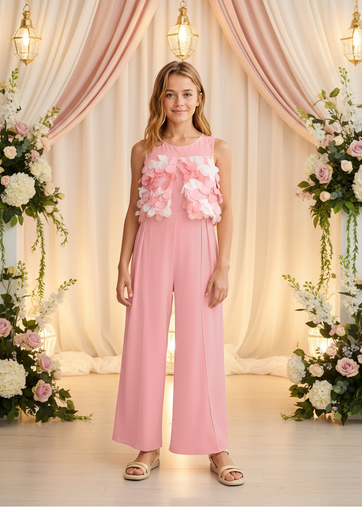Mono niña rosa con flores aplicadas y pantalón largo – Abel y Lula 05202