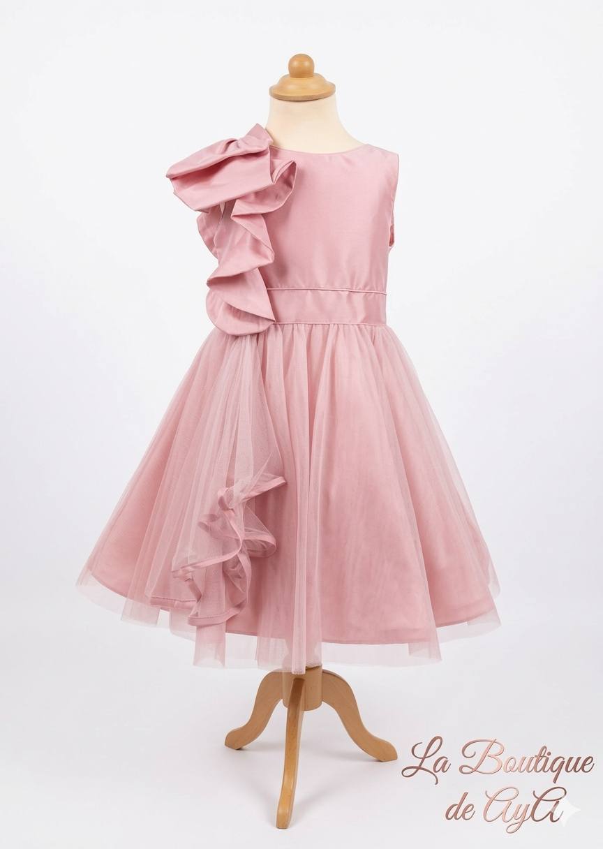 Alta Costura - Vestido de Ceremonia Niña Giada Rosa con Lazo al Hombro y Tul - Meninas