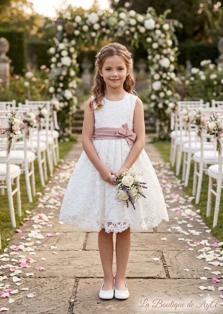 Vestido niña de tul bordado color nata con cinturón – Abel y Lula 05035