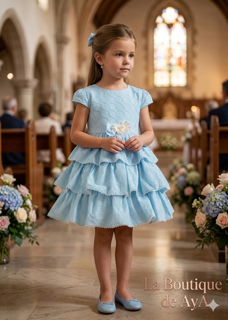 Vestido niña azul Miranda – volante triple y detalle floral 0237