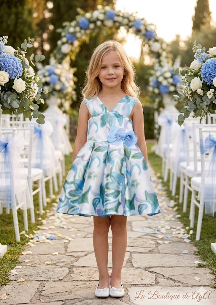 Vestido niña floral azul con flor decorativa – Abel y Lula 05052
