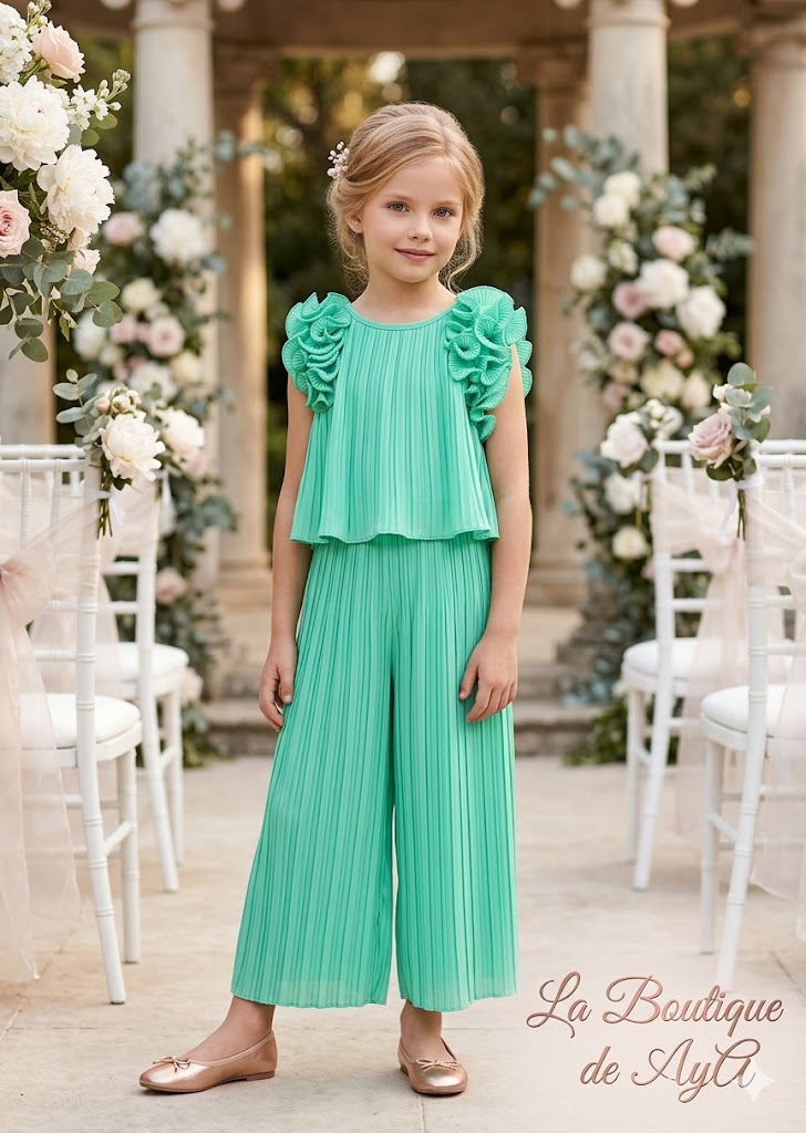 Conjunto Verde Agua de Gasa Plisada Abel & Lula con Top y Pantalón Largo 05285