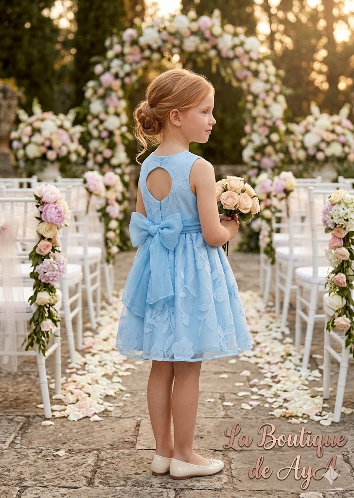 Vestido niña celeste de tul bordado con cinturón – Abel y Lula 05042