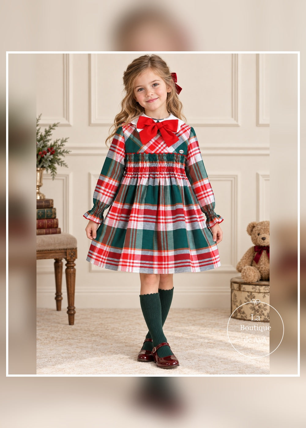 Vestido de cuadros verde y rojo con lazo para niña Miranda 40/0618/V - portada