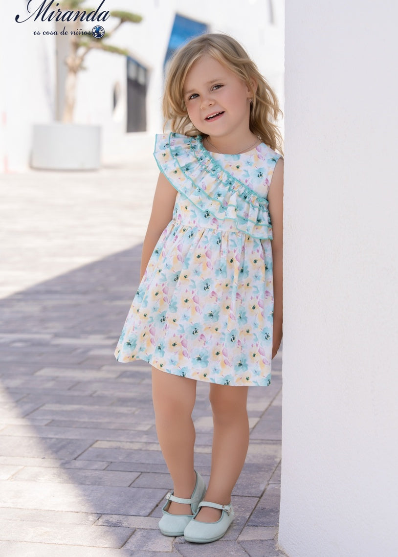 Vestido niña floral con volantes y escote asimétrico, vista frontal