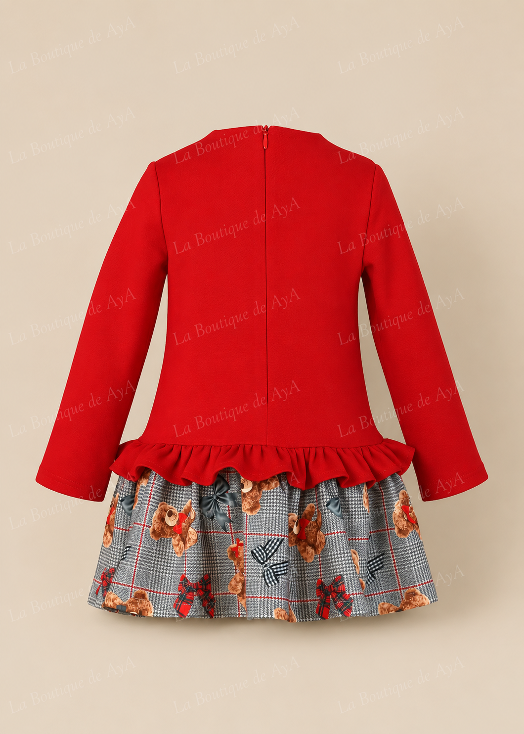 Vista trasera del vestido rojo Miranda para niña con cierre de cremallera