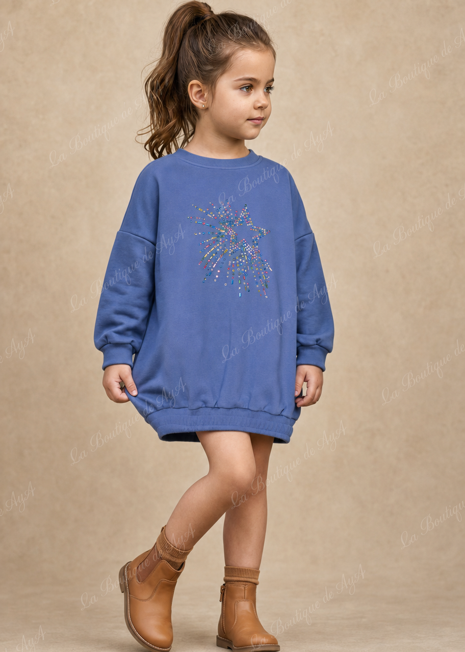Niña con vestido sudadera azul Miranda de manga larga