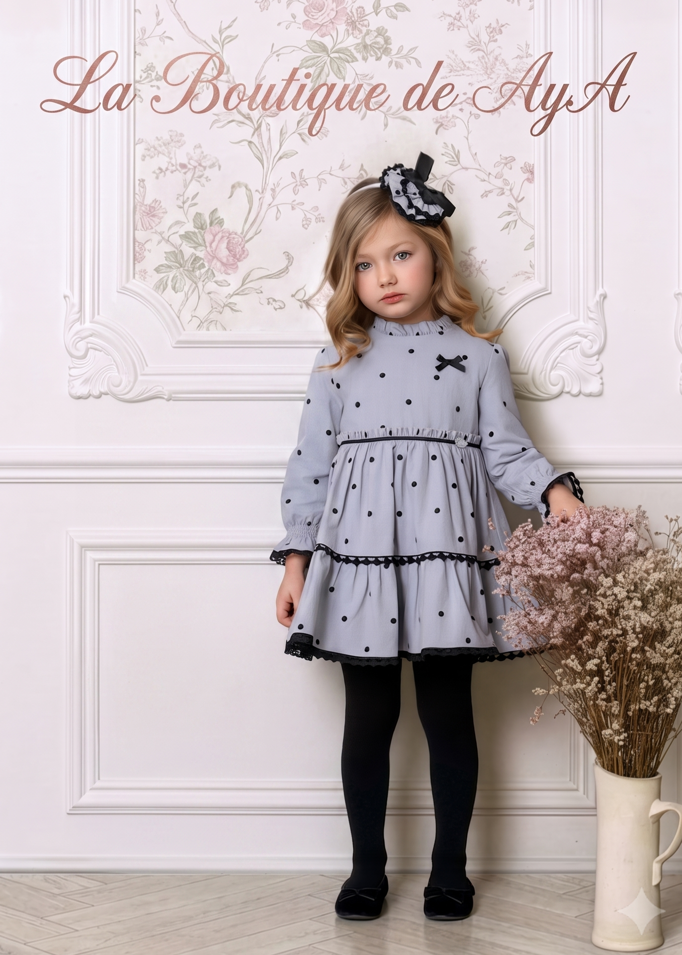 Niña luciendo el vestido elegante gris de lunares con cuello fruncido de la marca española Miranda