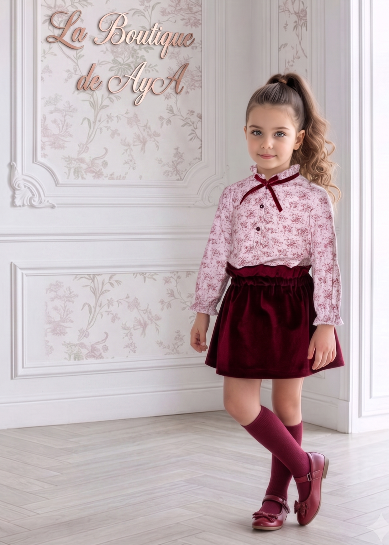 Niña luciendo el conjunto de invierno con blusa floral y falda de terciopelo granate de Miranda