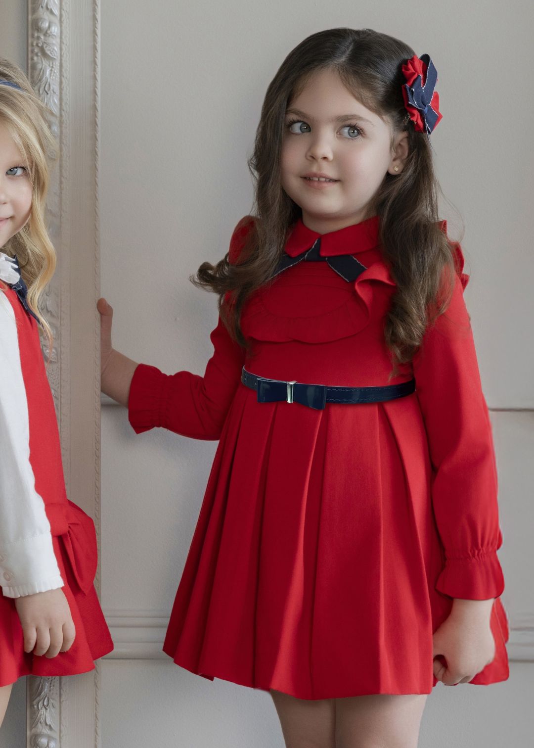 Vestido niña infantil rojo falda tablas cinturon marino 0233