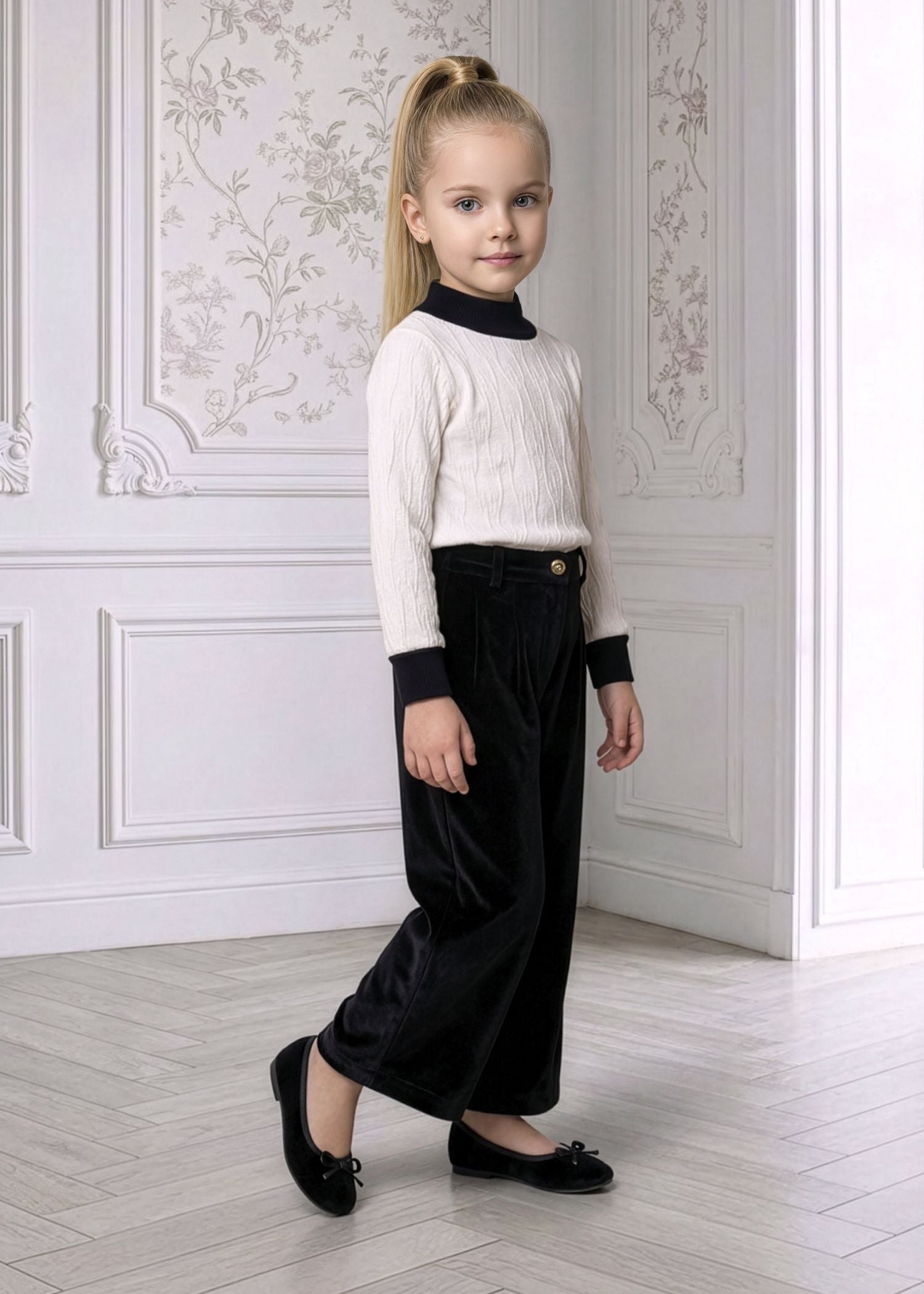 Conjunto Niña de Jersey de Punto Crudo y Pantalón Ancho de Terciopelo Marino - Miranda Ref. 40/0242/23